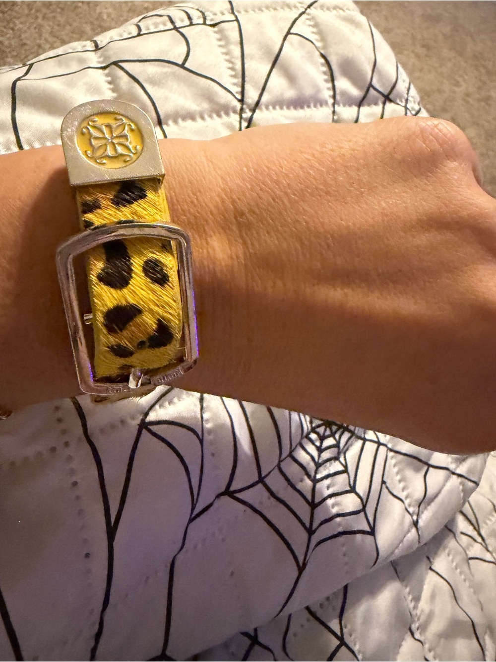 Rustic Cuff Yellow Leopard Print Bracelet with Silver Buckle